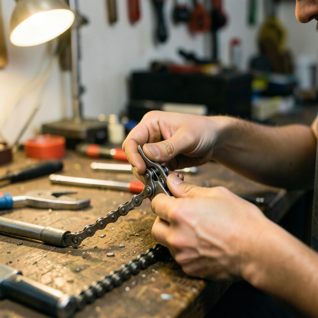 Hands working on a bike chain with a chain tool