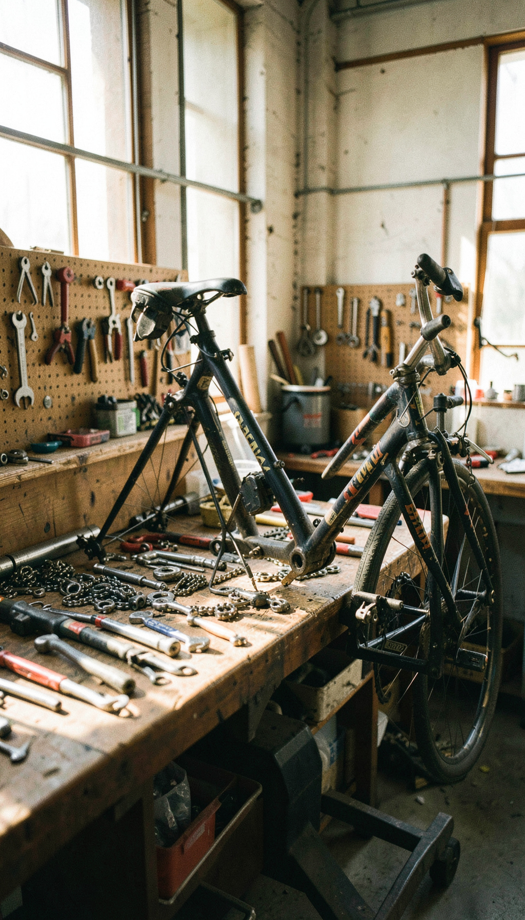 Inside the Wrench and Wheel workshop: a bike in a repair stand, tools on the bench, afternoon light