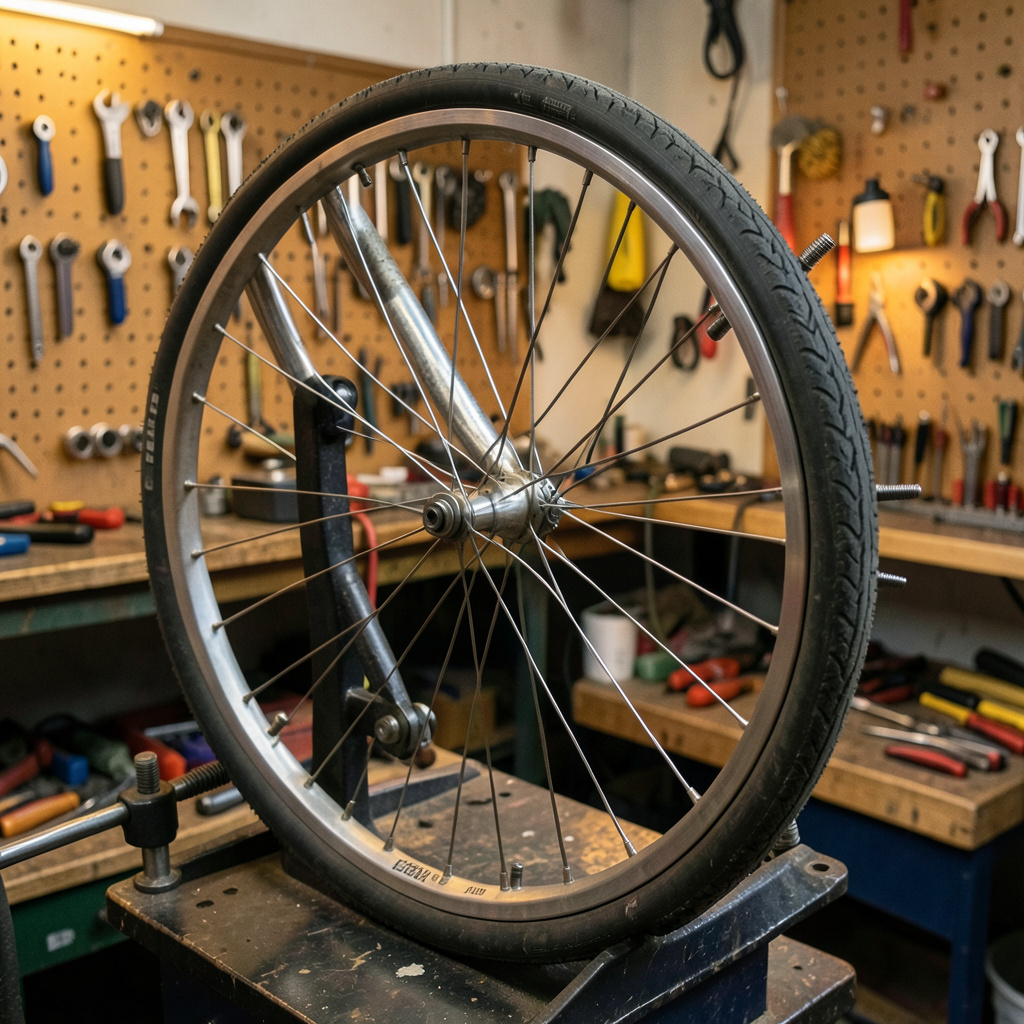 A bike wheel being trued in a stand